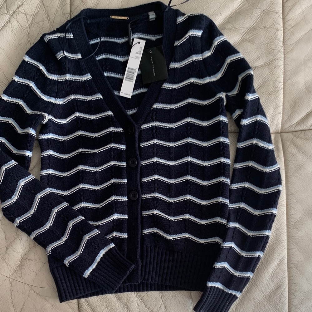 Elie Tahari Navy and White Striped Cardigan